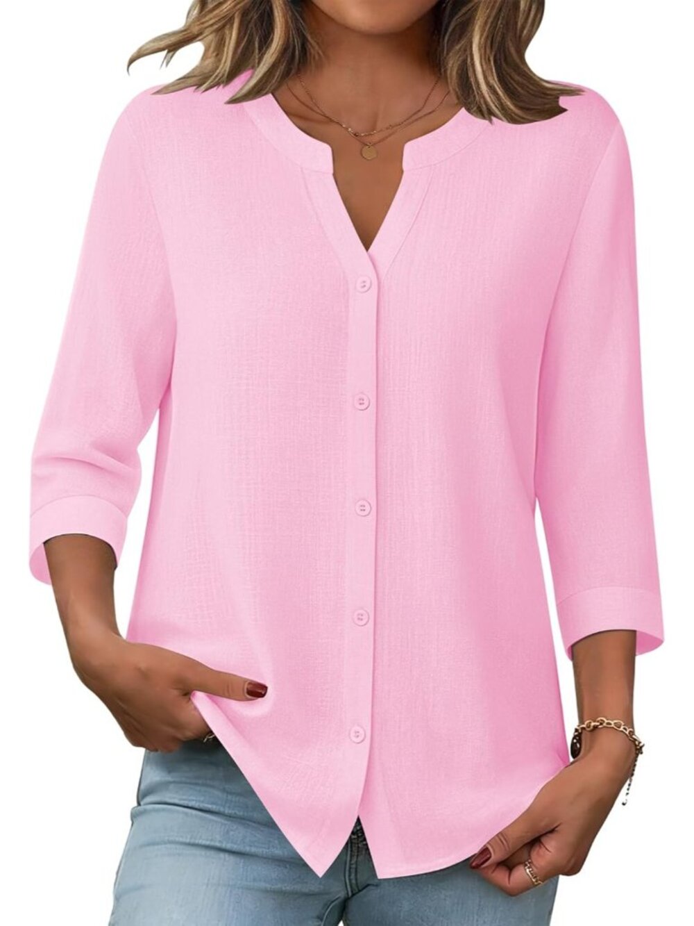 Women Pink Button Down Sleeve Linen Cotton V Neck Casual Loose Work Blouses